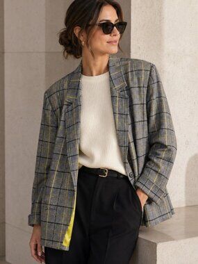 VTG Laurel By Escada Blazer 40 Linen Wool Oversized Slouchy Glen Plaid Academia